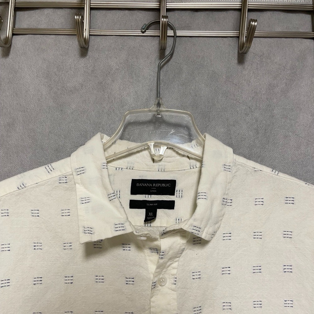Banana Republic Shirt Men's XL Cream Linen Cotton Button Up Geometric AOP Preppy